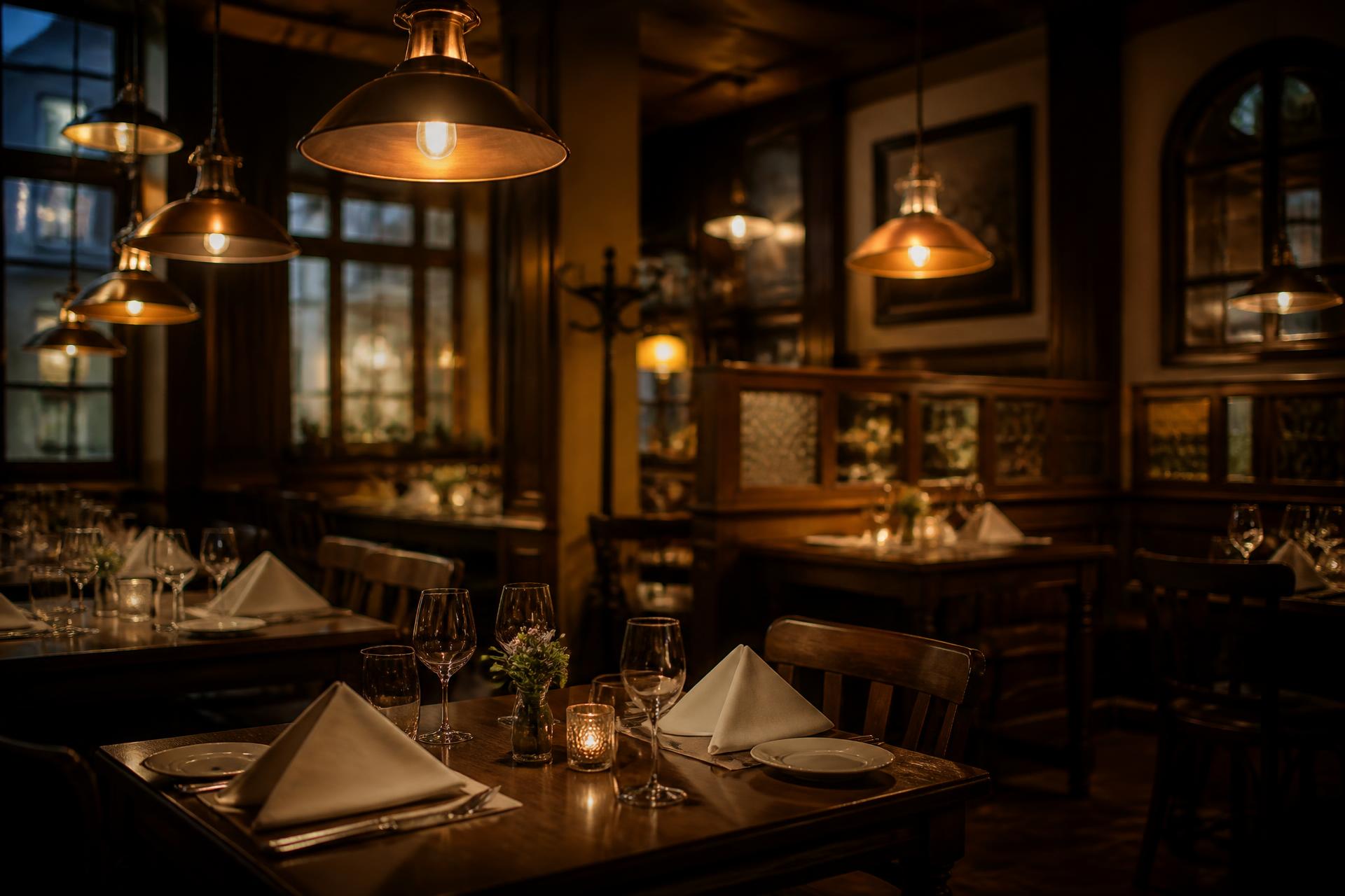 Interiér restaurace U Tiskárny s dřevěnými stoly a teplým osvětlením